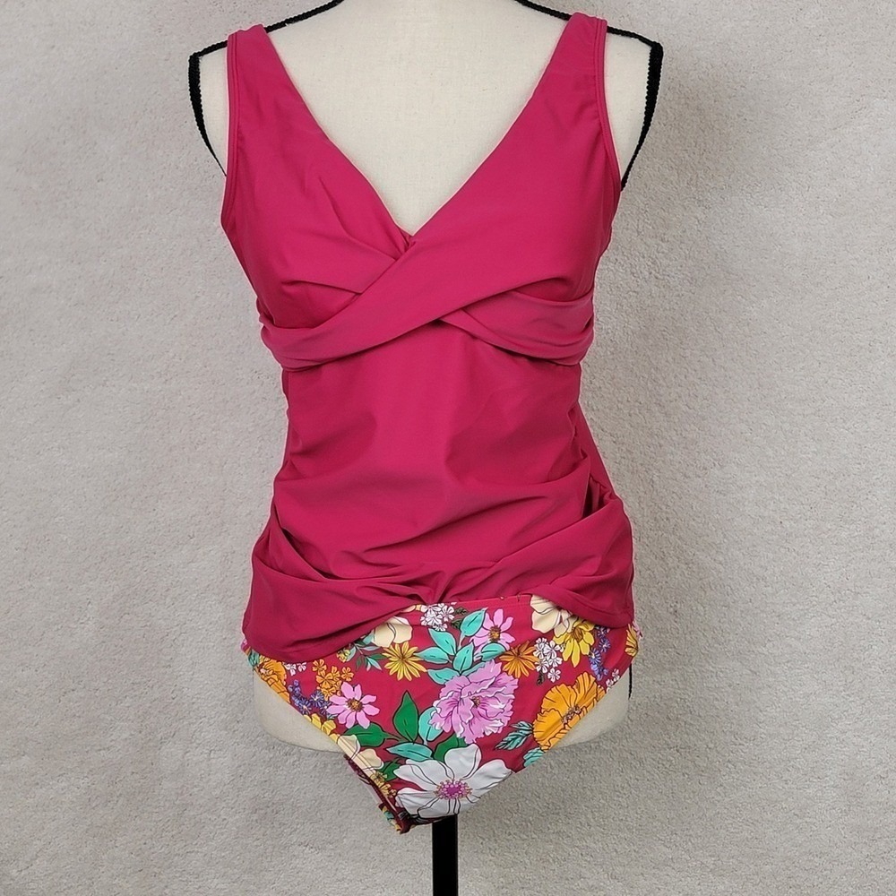 Cupshe New Women's L Pink Floral Crossover V-Neck Mid Rise Waist Tankini Set - Picture 11 of 16